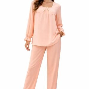 Women's Solid Color Two-Piece Set,Casual Wear Co ord Set with Long Sleeve Top & Wide Leg Pants,Color Peach