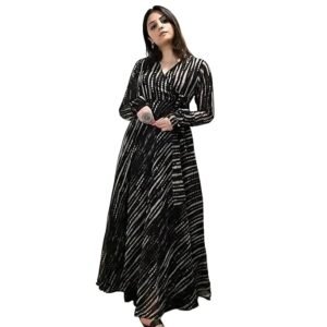 Fashion2wear Women's Georgette Anarkali Dress with Full Sleeves Floral Printed Knee Length Regular Fit and A Line Style