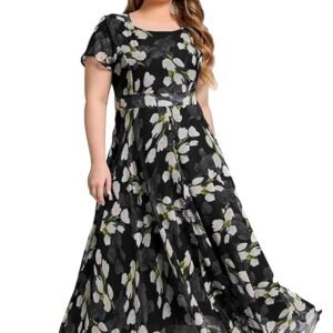 Women's Navy Blue Georgette Digital Floral Printed Floral Printing Short Sleeve A-Line Maxi Gown Dress for Women