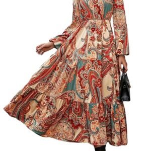 Women's Printed Boho Maxi Dress | Long Flared Style with Full or Puff Sleeves | Ethnic Pattern Gown for Festive, Holiday & Everyday Wear