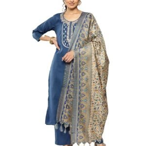 Plus Size Embroidered Yoke Straight Kurta Paired with Tonal Bottom and Printed Bhagalpuri Dupatta – Elegant & Comfortable Ethnic Wear for Curvy Women
