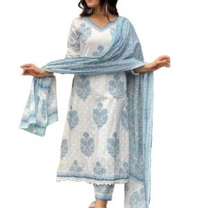 Women Cotton Block Printed Kurta Pant With Dupatta