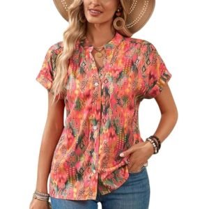 Women Orange Printed Button-Down Shirt | Short Sleeves, Collared Neck & Casual Fit | Women's Shirt & Top