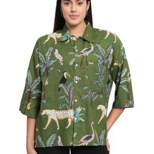Women 100% Cotton Printed Oversized Loose Fit 3/4 Sleeves Spread Collar Neck Shirt