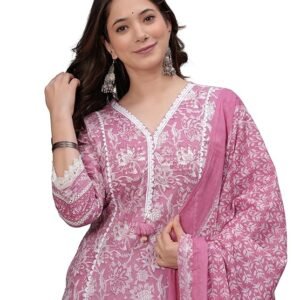 Women's Pure Cotton Printed Straight Kurta Set with Palazzo Pants & Dupatta- Ethnic Wear