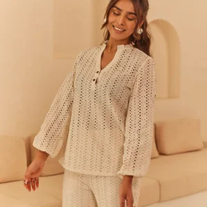 Cream Abstract Cutwork Top