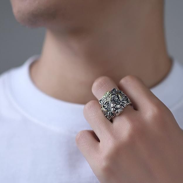 Fashion Frill Charming Finger Ring For Men Silver King Lion Silver Plated Adjustable Stylish Silver Ring For Men Boys Girls Stainless Steel Dude Evil Eye Chain Rings for Men Boys Jewellery Love Gifts - Image 2