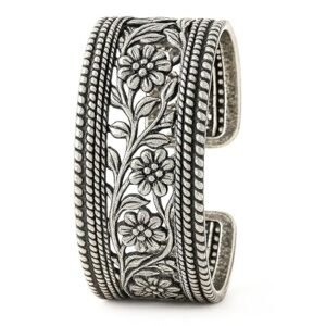 Vintage Style Floral Wide Band Ring, Oxidised Metal, Antique Finish, Bohemian Design