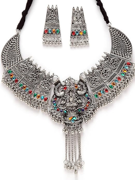 Shining Diva Fashion Latest Stylish Traditional Oxidised Silver Necklace Jewellery Set for Women