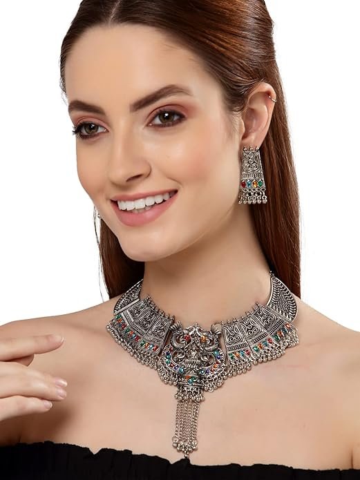 Shining Diva Fashion Latest Stylish Traditional Oxidised Silver Necklace Jewellery Set for Women - Image 2