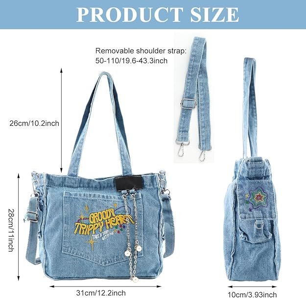 Chic Cloth Bag for Girls Women Casual Shoulder Crossbody Tote Bags 2 in 1 Varible Hand Bag Fashion Letter Embroidery Denim Cloth Book Bags for Daily, School - Image 2