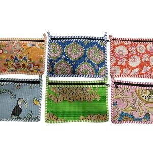 Handblock Floral Print Quilted Pouch, Multicolor Cotton, 20.3x15.2 cm, Zipper Closure, Travel Storage Organizer for Makeup, Jewelry, Passport (2)