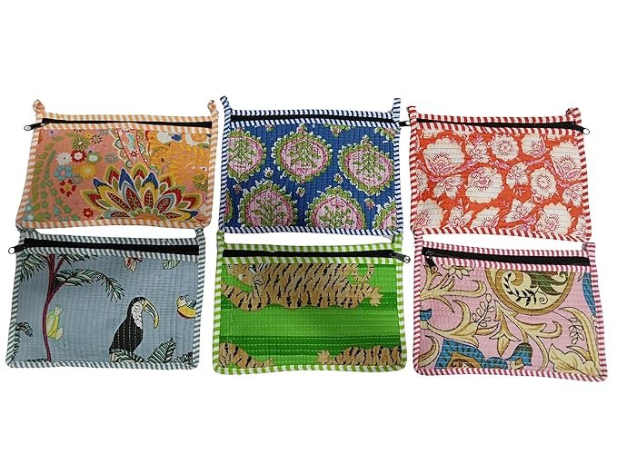 Handblock Floral Print Quilted Pouch, Multicolor Cotton, 20.3x15.2 cm, Zipper Closure, Travel Storage Organizer for Makeup, Jewelry, Passport (2)