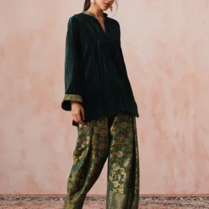 Bottle Green Velvet Top with Brocade Farshi Pants